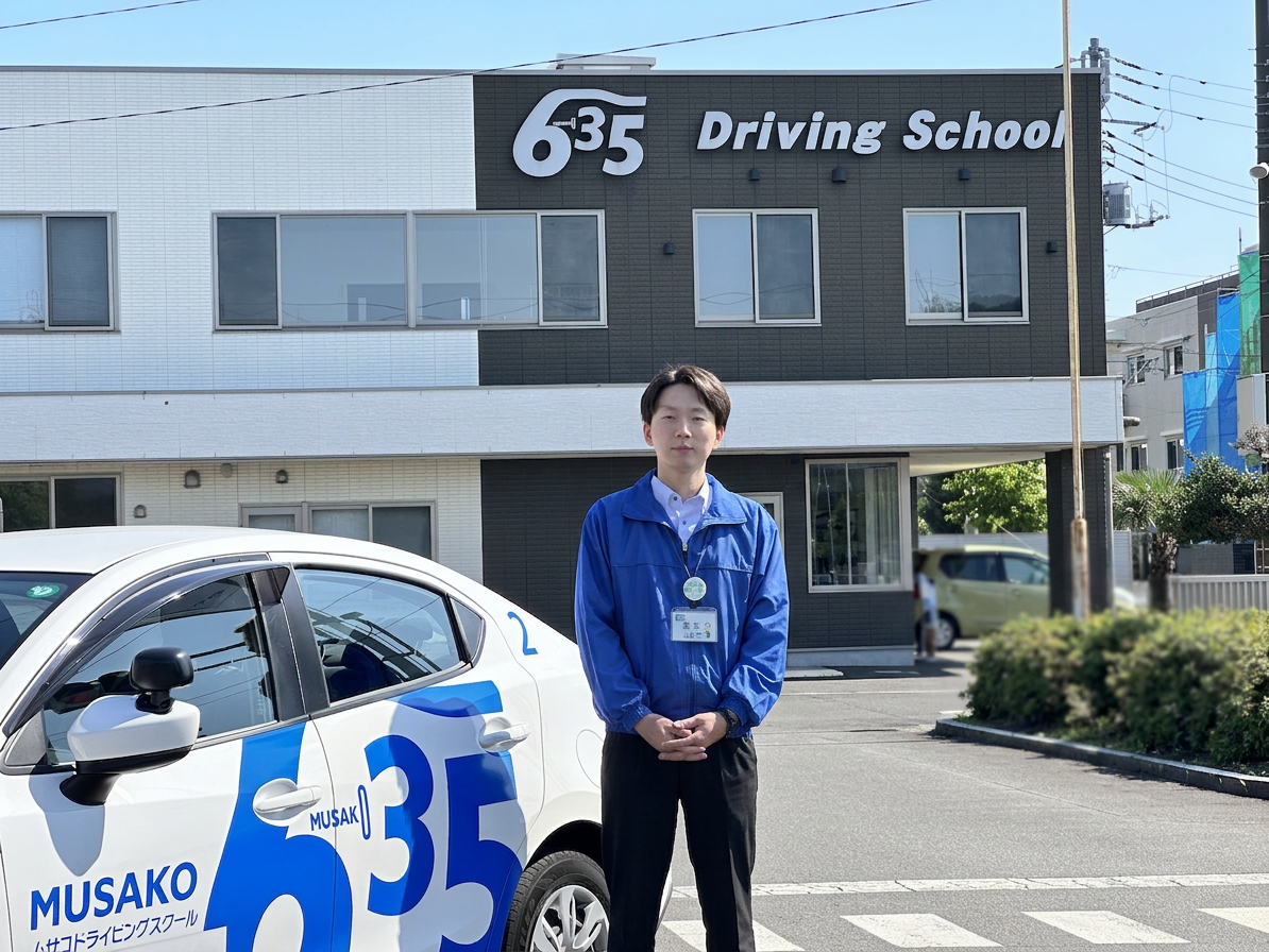 車の前の指導員